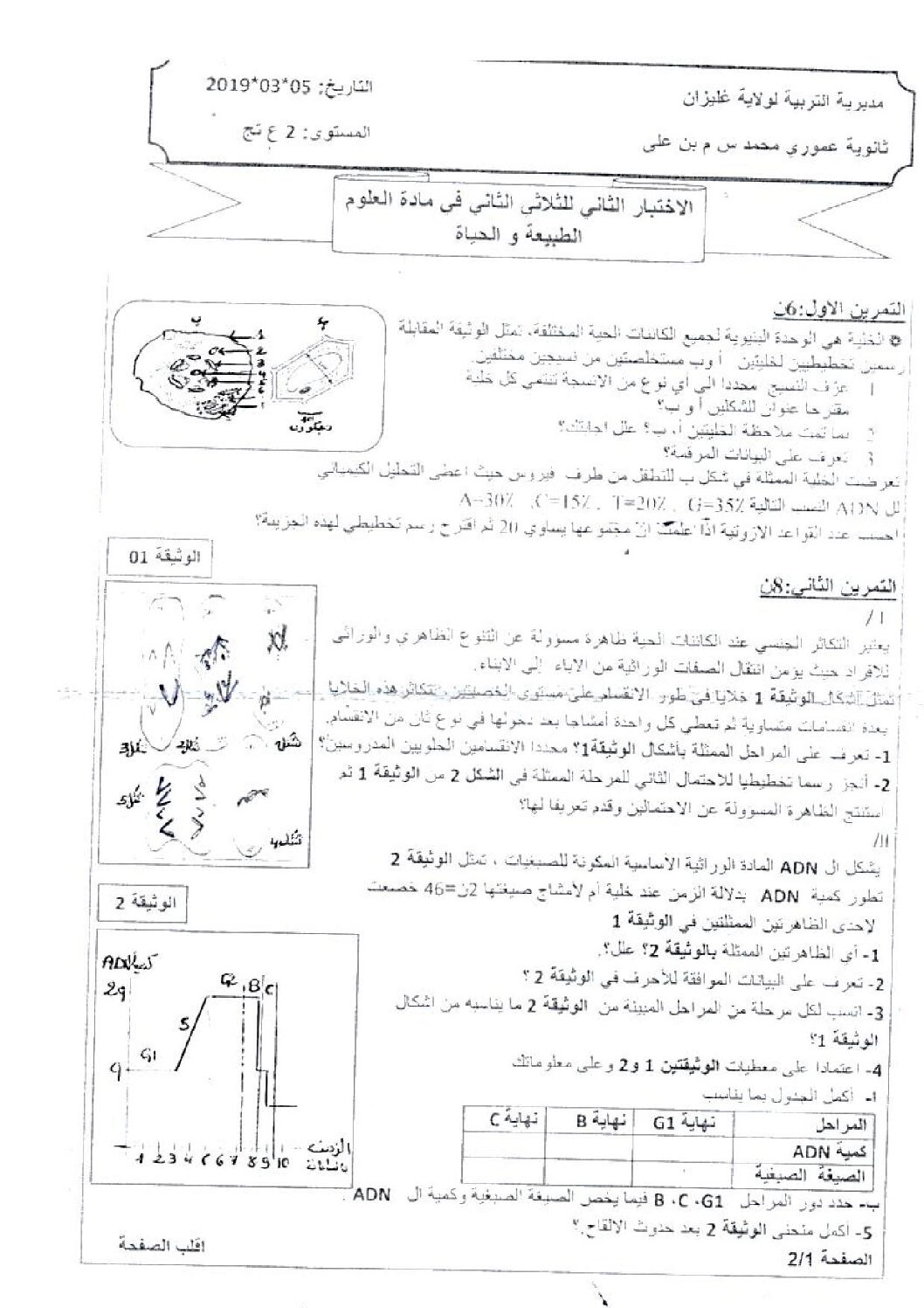 اختبار في العلوم الطبيعية الفصل الثاني السنة الثانية ثانوي علوم تجريبية رقم 39