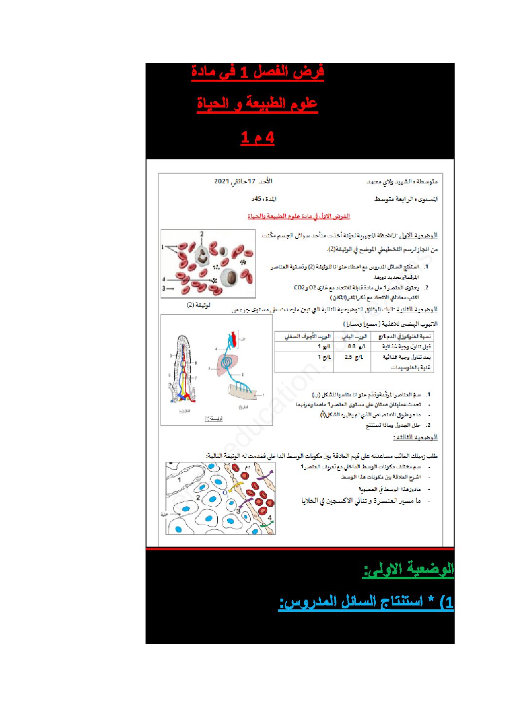فرض في العلوم الطبيعية الفصل الأول السنة الرابعة متوسط رقم 39 مع التصحيح