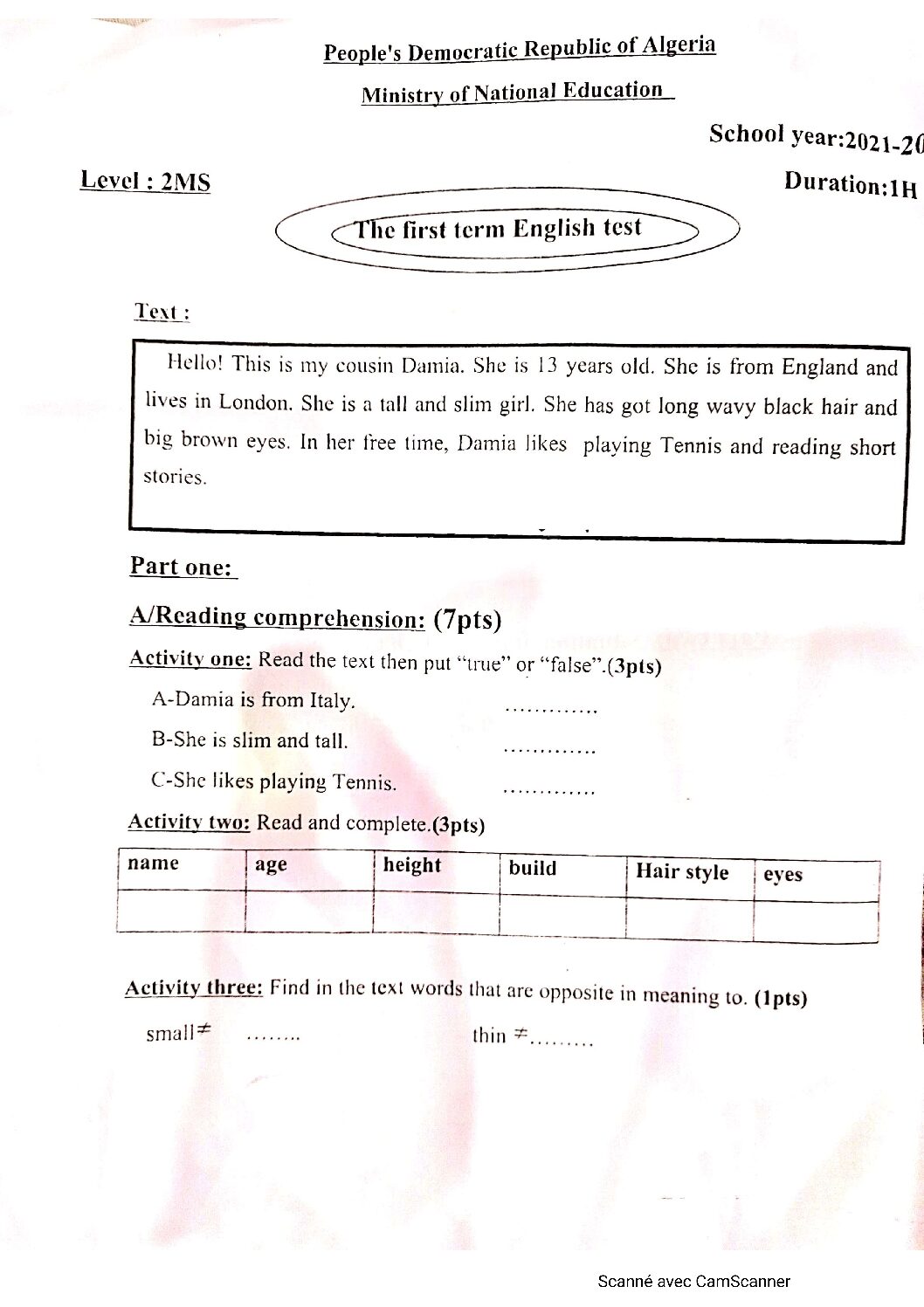 فرض في اللغة الإنجليزية الفصل الأول السنة الثانية متوسط رقم 39