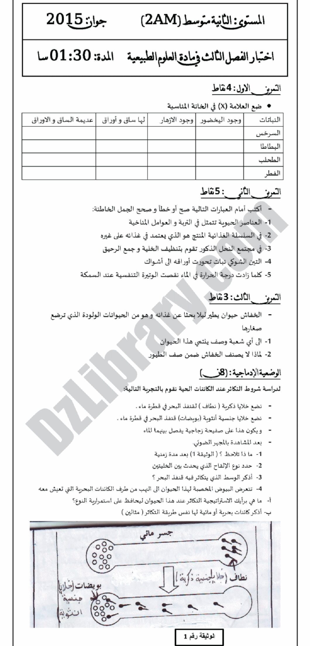 اختبار في العلوم الطبيعية الفصل الثالث السنة الثانية متوسط رقم 4 مع التصحيح