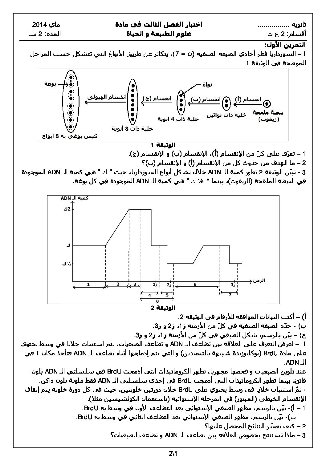 اختبار في العلوم الطبيعية الفصل الثالث السنة الثانية ثانوي علوم تجريبية رقم 4 مع التصحيح