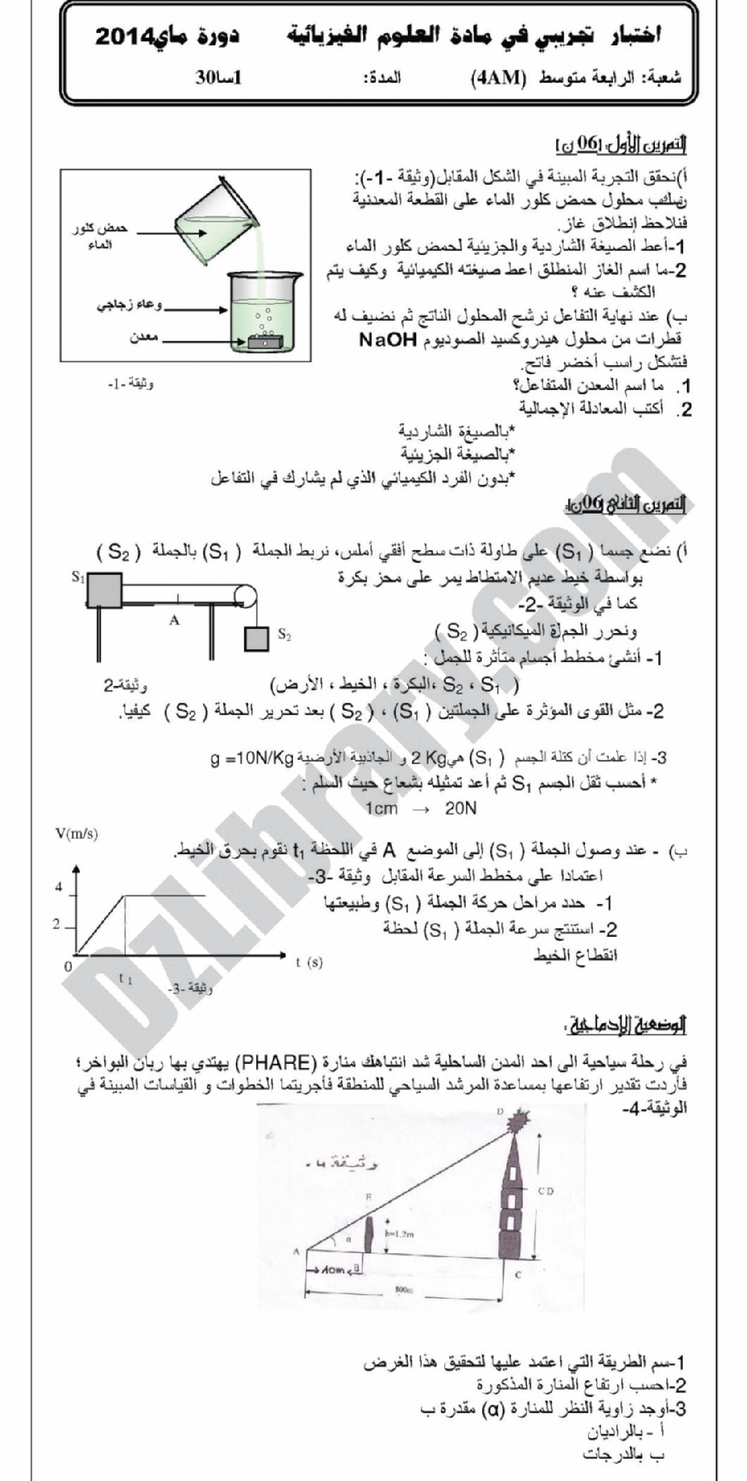 اختبار في العلوم الفيزيائية الفصل الثالث السنة الرابعة متوسط رقم 4 مع التصحيح