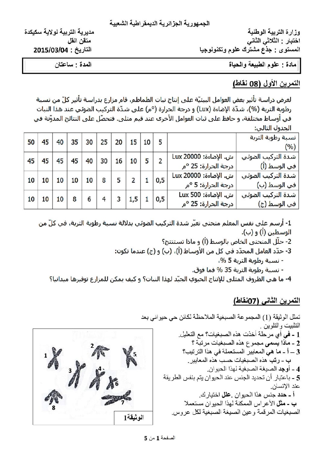 اختبار في العلوم الطبيعية الفصل الثاني السنة الأولى ثانوي رقم 4 مع التصحيح