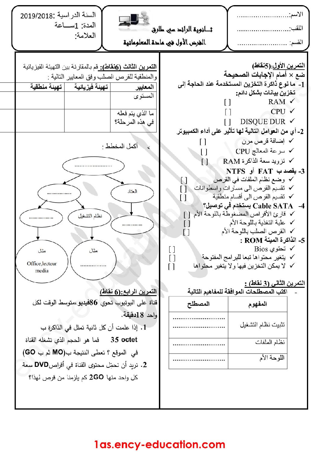 فرض في الإعلام الآلي الفصل الأول السنة الأولى ثانوي رقم 4