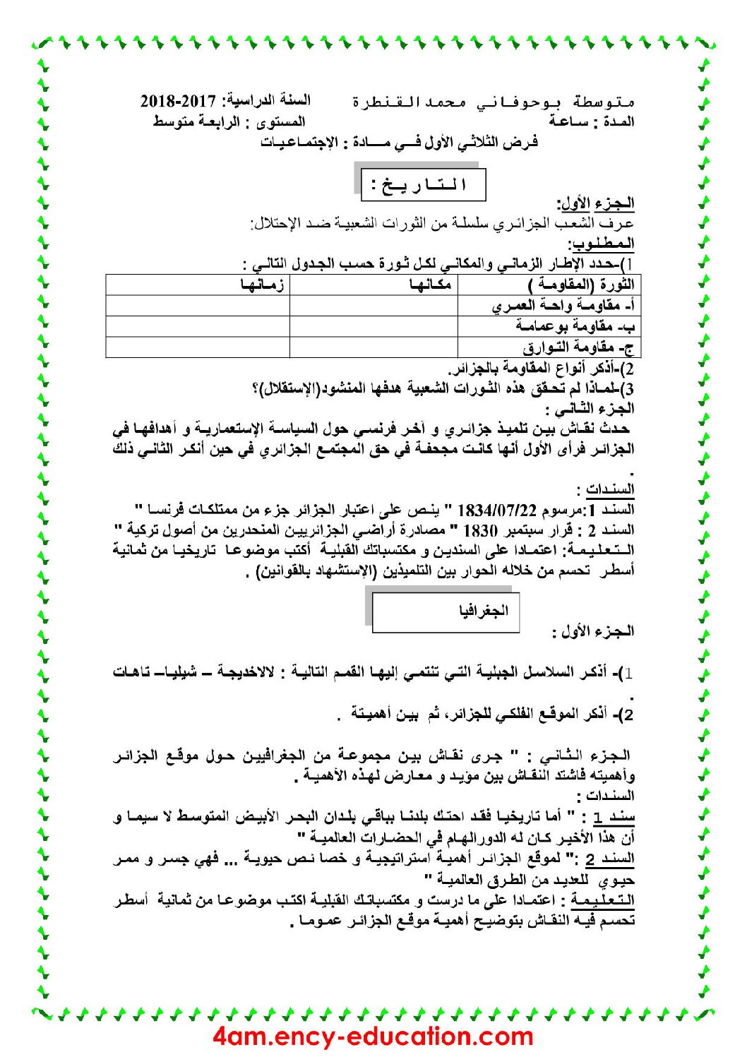 فرض في التاريخ والجغرافيا الفصل الأول السنة الرابعة متوسط رقم 4