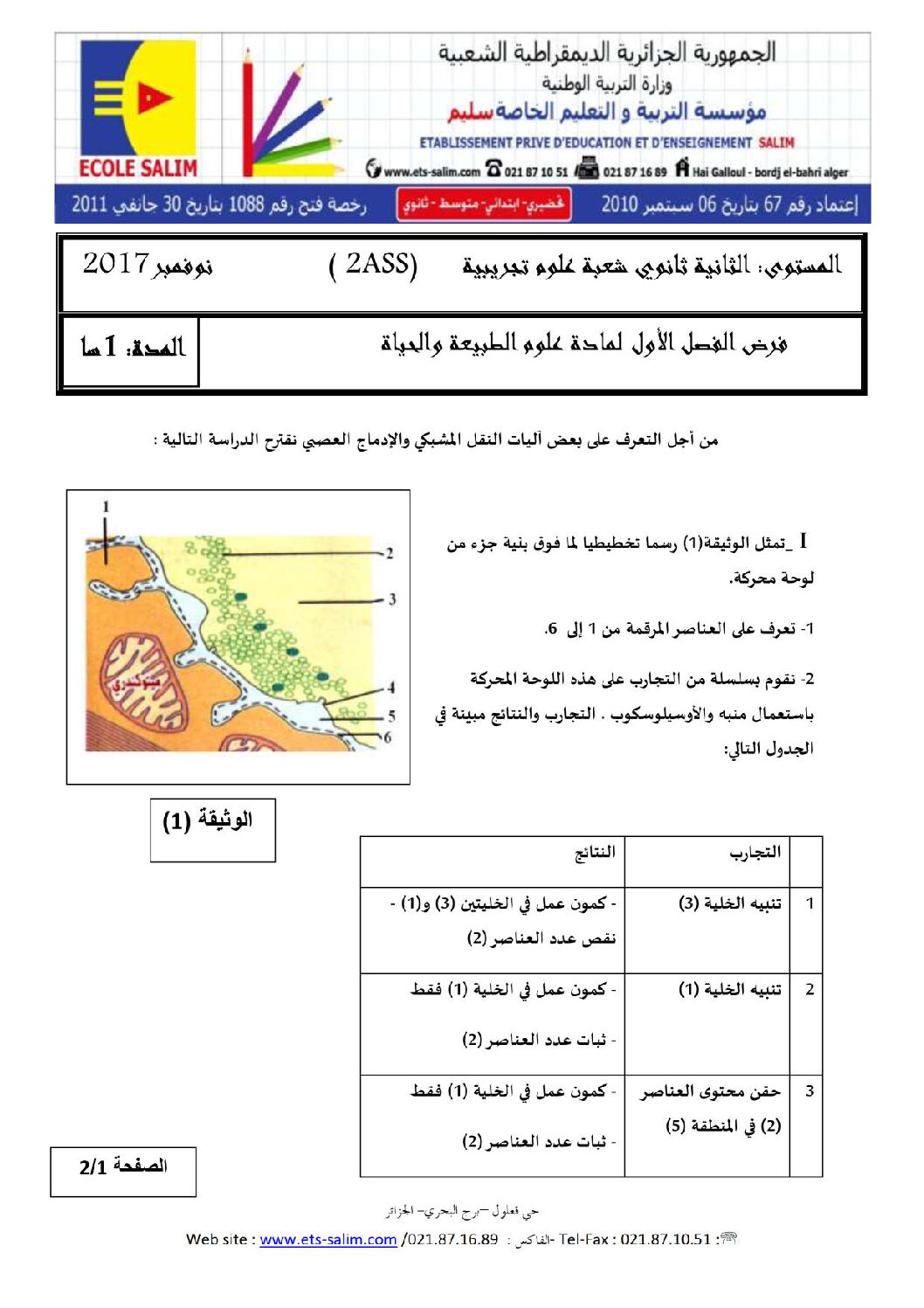 فرض في العلوم الطبيعية الفصل الأول السنة الثانية ثانوي علوم تجريبية رقم 4 مع التصحيح