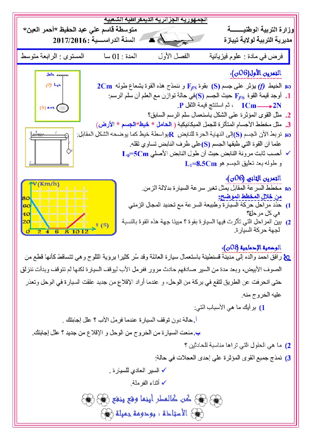 فرض في العلوم الفيزيائية الفصل الأول السنة الرابعة متوسط رقم 4