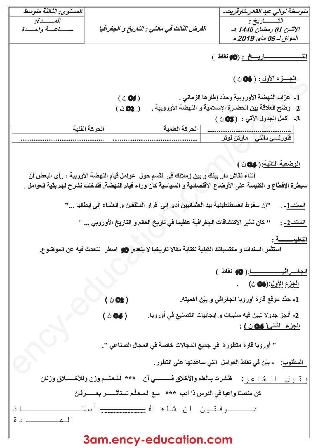 فرض في التاريخ والجغرافيا الفصل الثالث السنة الثالثة متوسط رقم 4