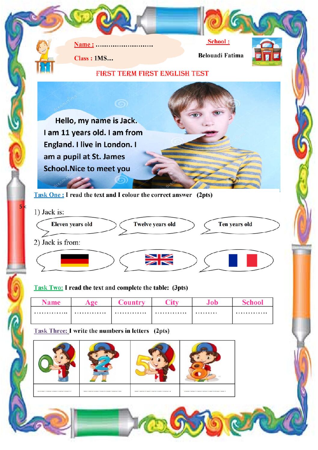 فرض في اللغة الإنجليزية الفصل الأول السنة الثالثة متوسط رقم 40
