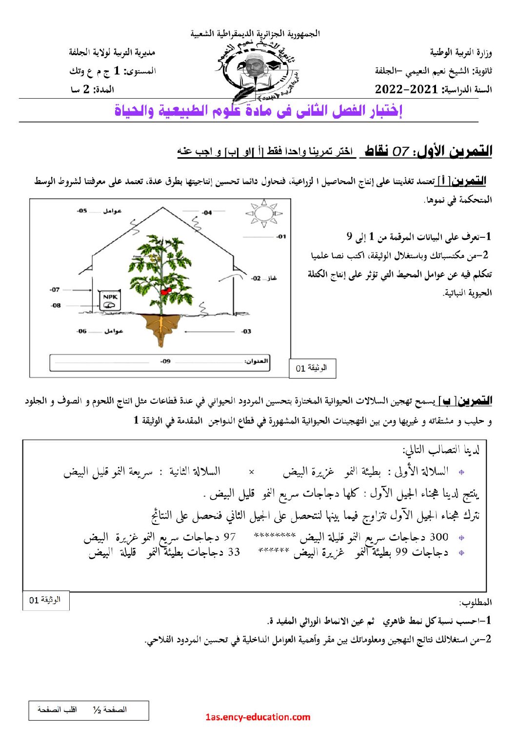 اختبار في العلوم الطبيعية الفصل الثاني السنة الأولى ثانوي رقم 41