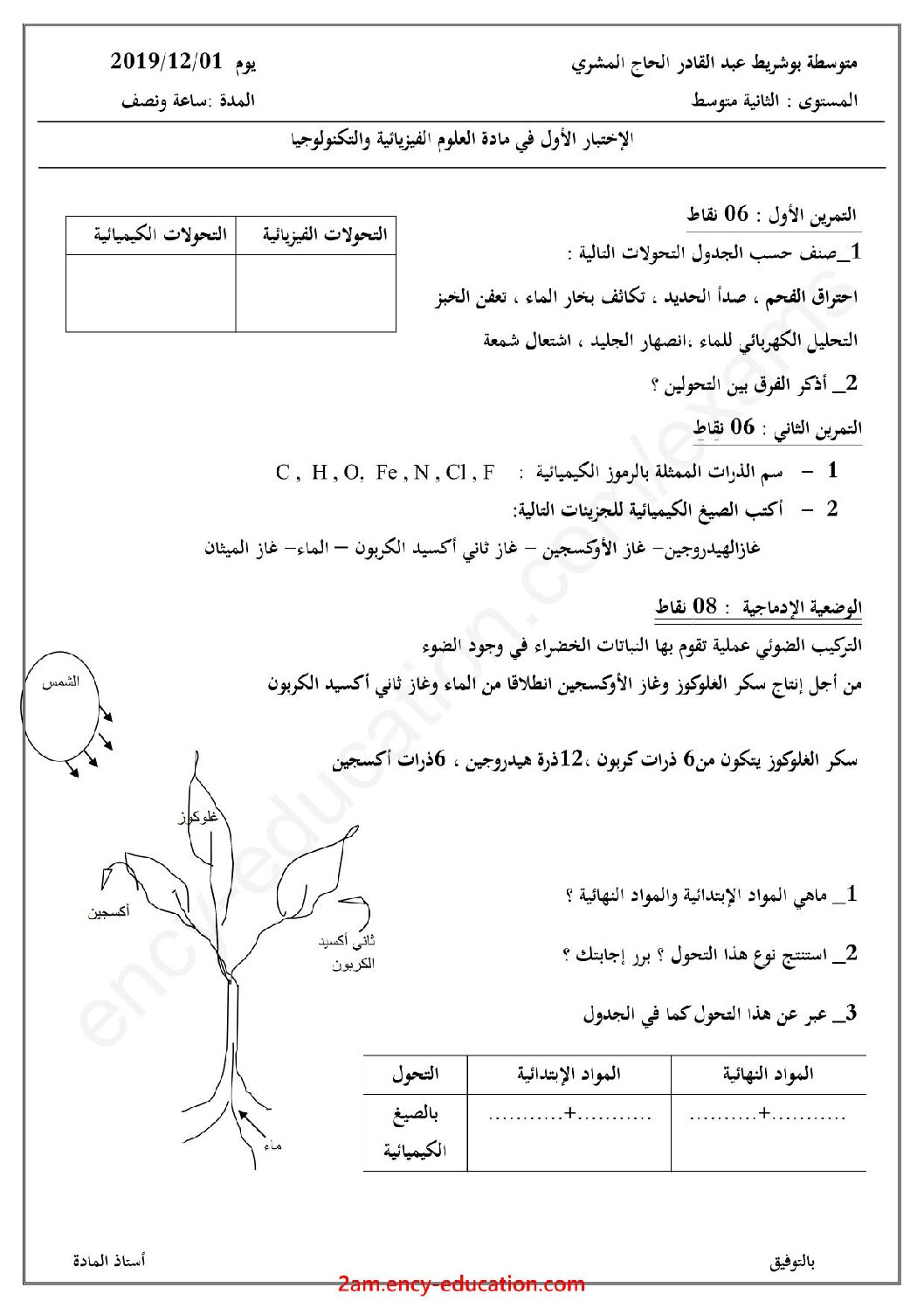 اختبار في العلوم الفيزيائية الفصل الأول السنة الثانية متوسط رقم 42