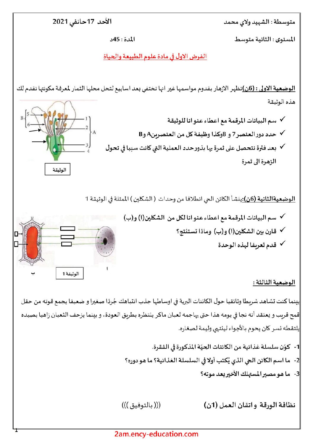 فرض في العلوم الطبيعية الفصل الأول السنة الثانية متوسط رقم 42