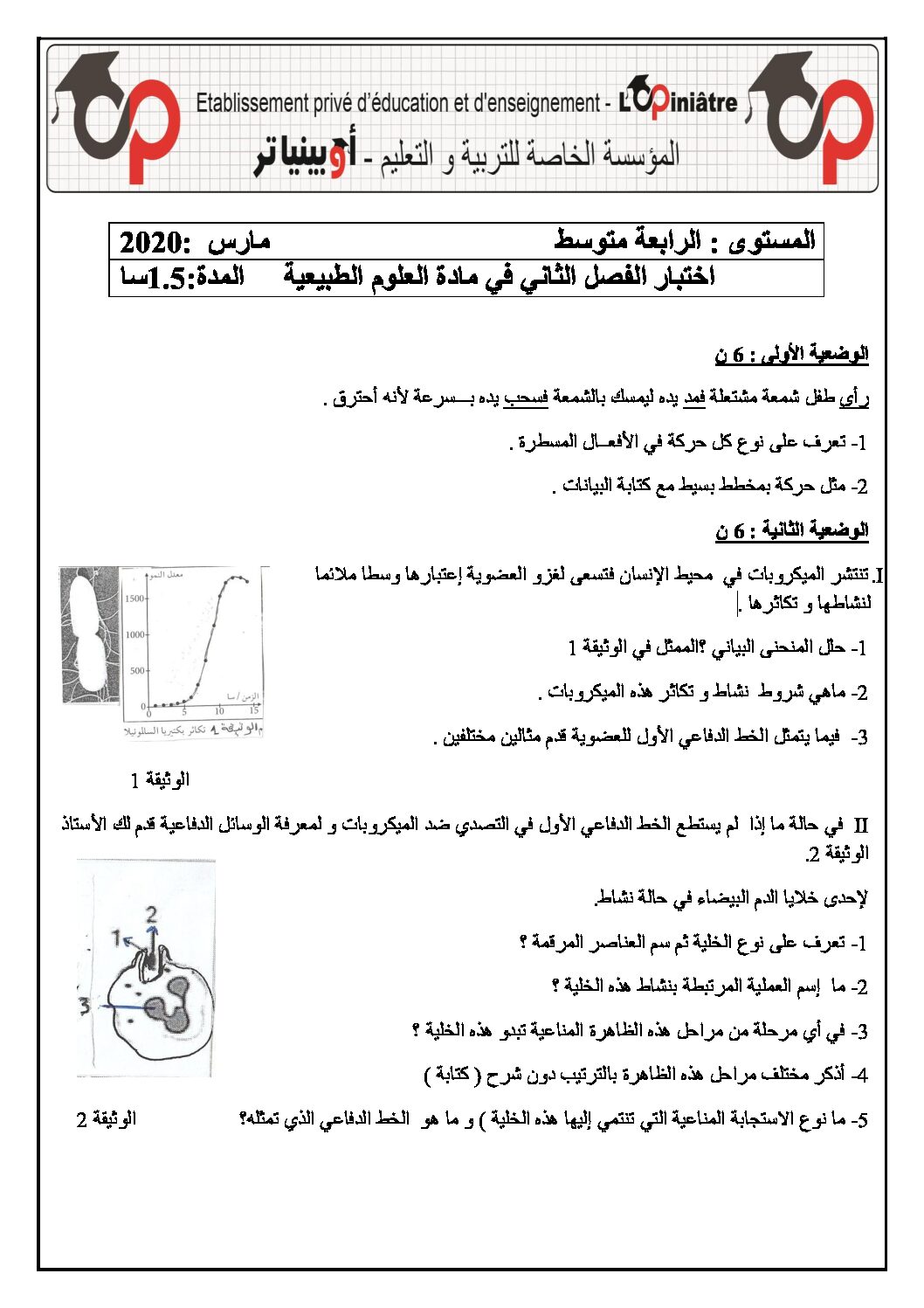 اختبار في العلوم الطبيعية الفصل الثاني السنة الرابعة متوسط رقم 43 مع التصحيح
