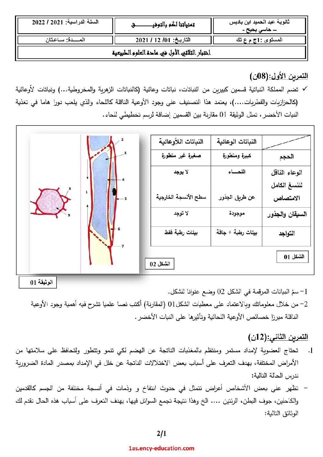 اختبار في العلوم الطبيعية الفصل الأول السنة الأولى ثانوي رقم 44 مع التصحيح