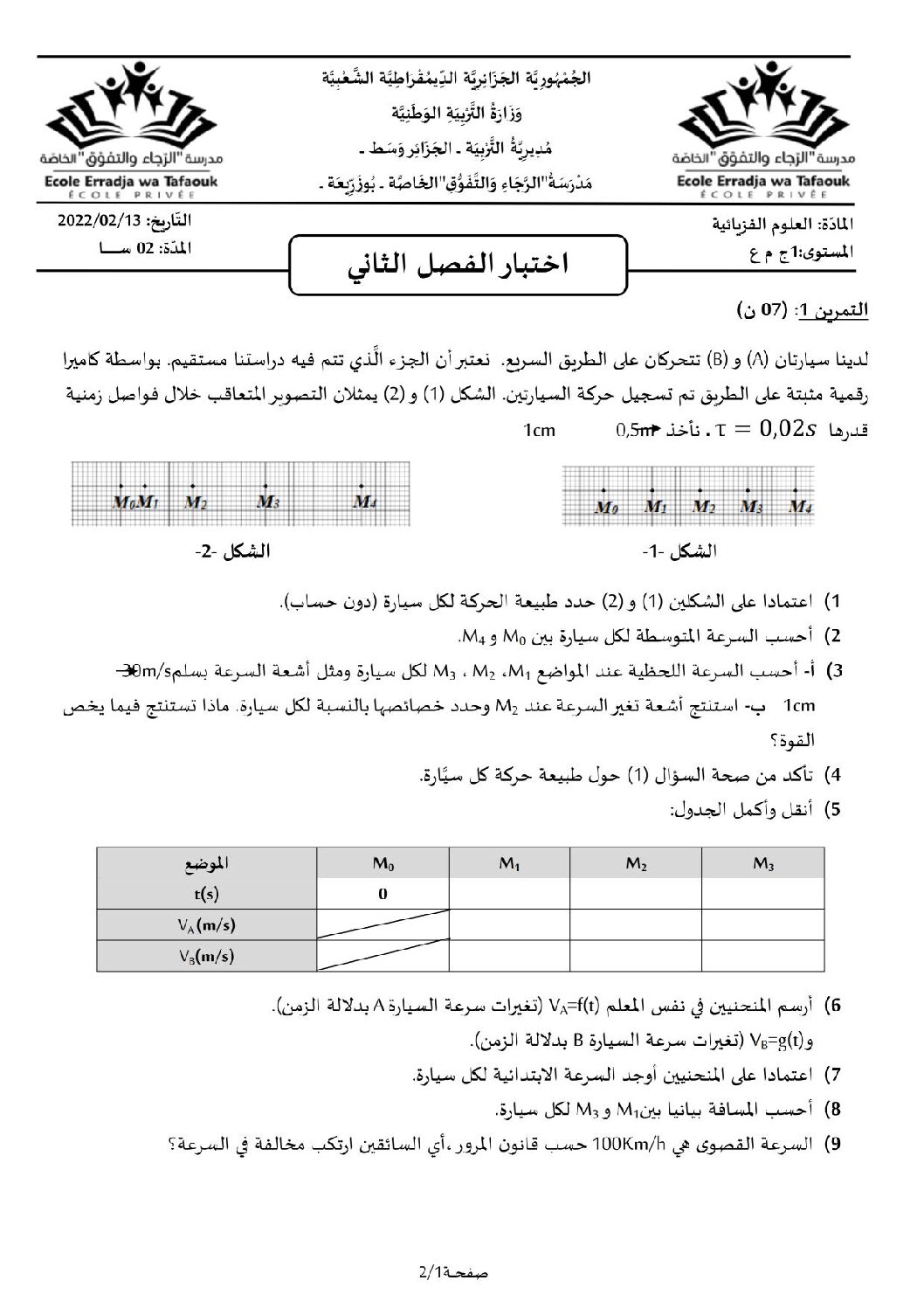 اختبار في العلوم الفيزيائية الفصل الثاني السنة الأولى ثانوي رقم 44 مع التصحيح
