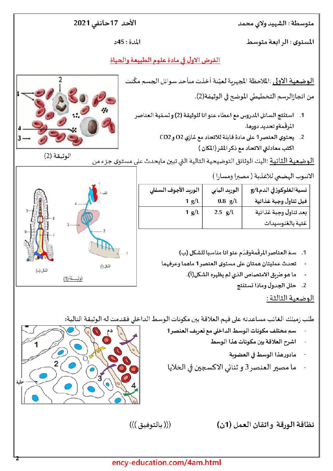 فرض في العلوم الطبيعية الفصل الأول السنة الرابعة متوسط رقم 44