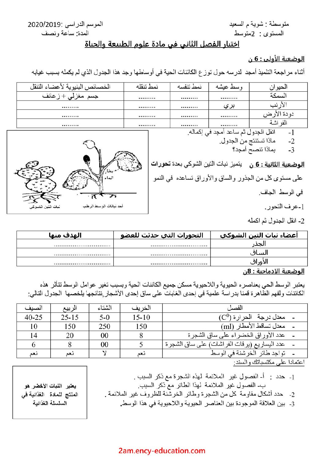 اختبار في العلوم الطبيعية الفصل الثاني السنة الثانية متوسط رقم 45