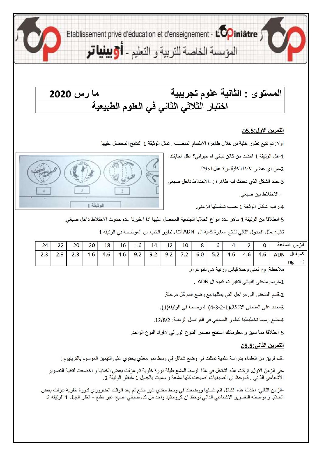 اختبار في العلوم الطبيعية الفصل الثاني السنة الثانية ثانوي علوم تجريبية رقم 45 مع التصحيح