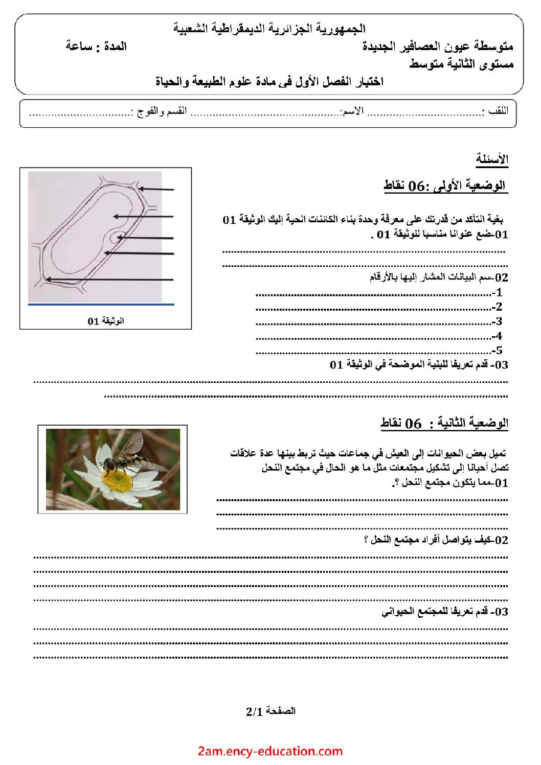 اختبار في العلوم الطبيعية الفصل الأول السنة الثانية متوسط رقم 46