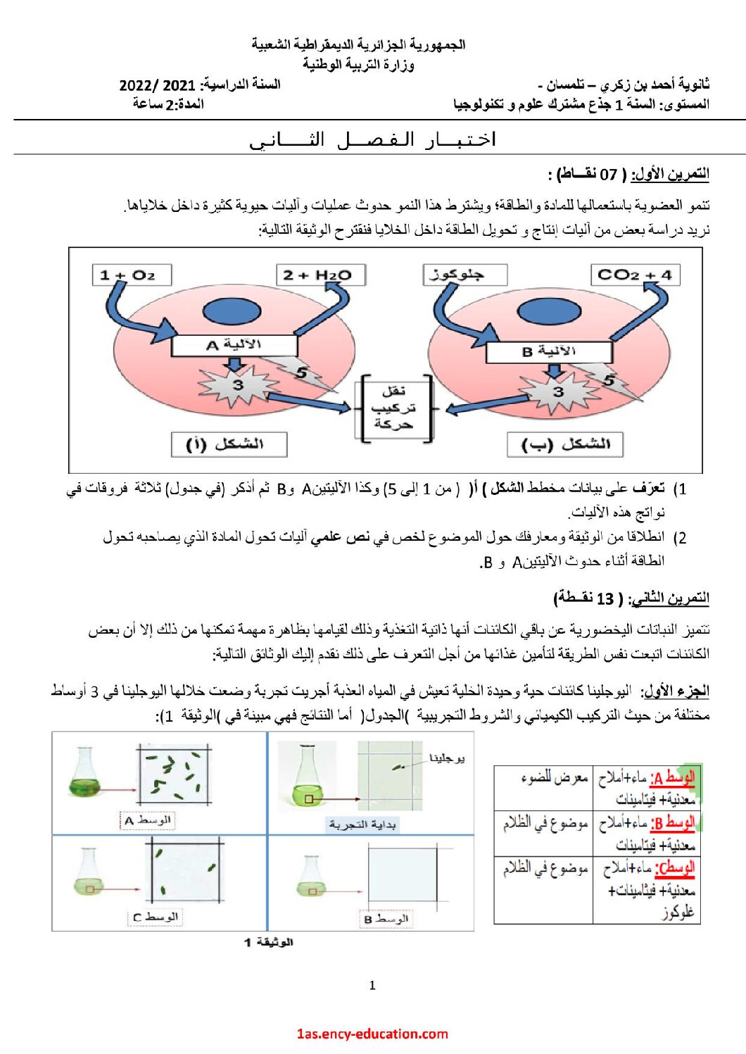 اختبار في العلوم الطبيعية الفصل الثاني السنة الأولى ثانوي رقم 46 مع التصحيح