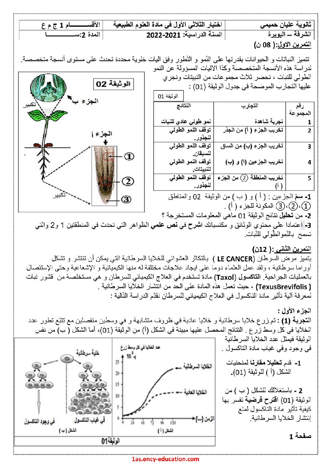 اختبار في العلوم الطبيعية الفصل الأول السنة الأولى ثانوي رقم 47 مع التصحيح