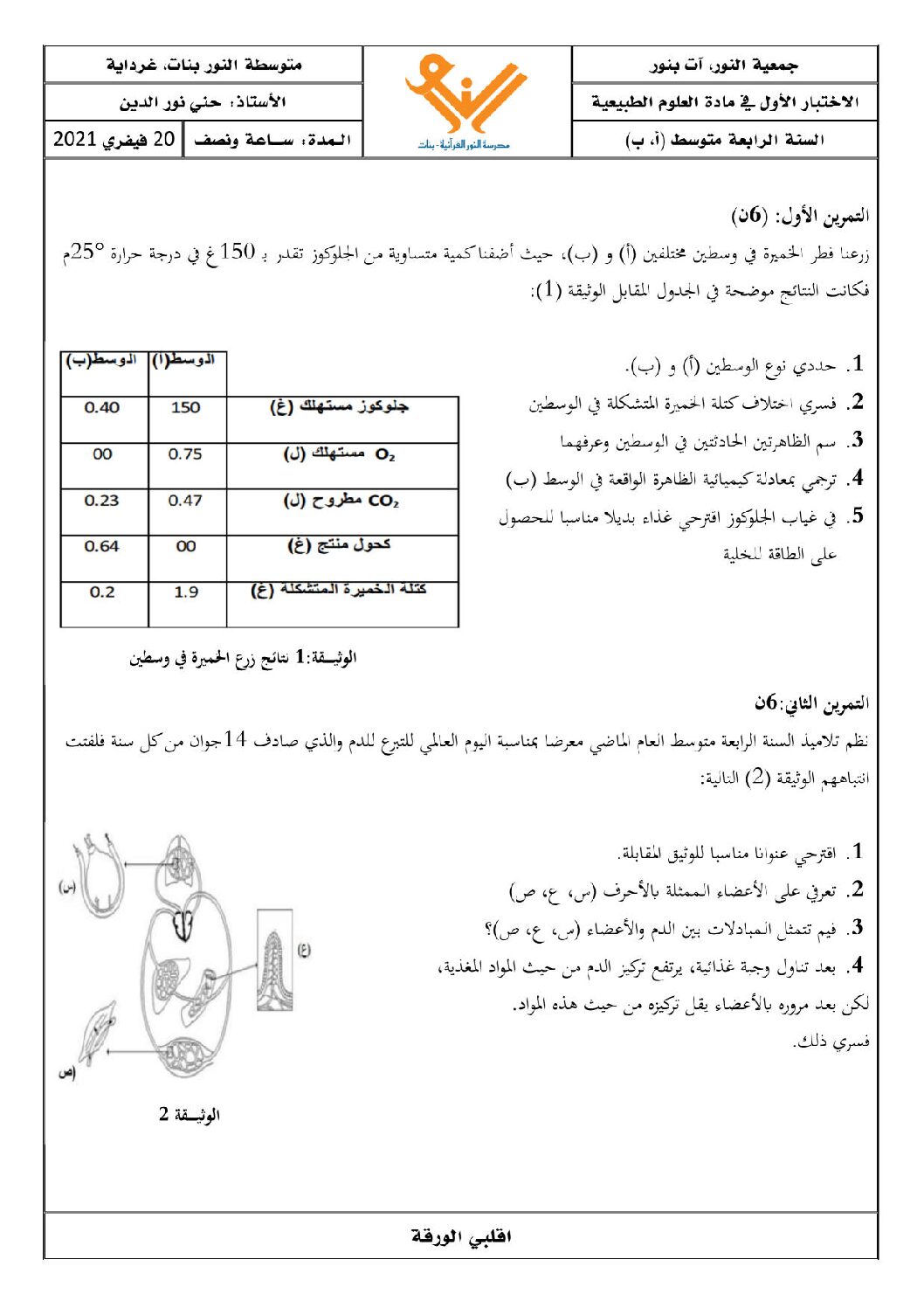 اختبار  في العلوم الطبيعية الفصل الأول السنة الرابعة متوسط رقم 47