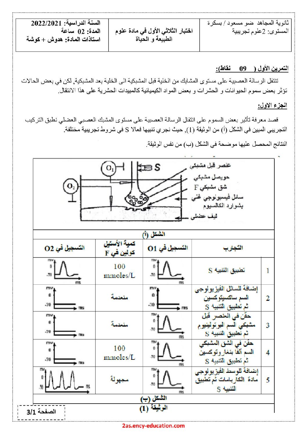 اختبار في العلوم الطبيعية الفصل الأول السنة الثانية ثانوي علوم تجريبية رقم 48