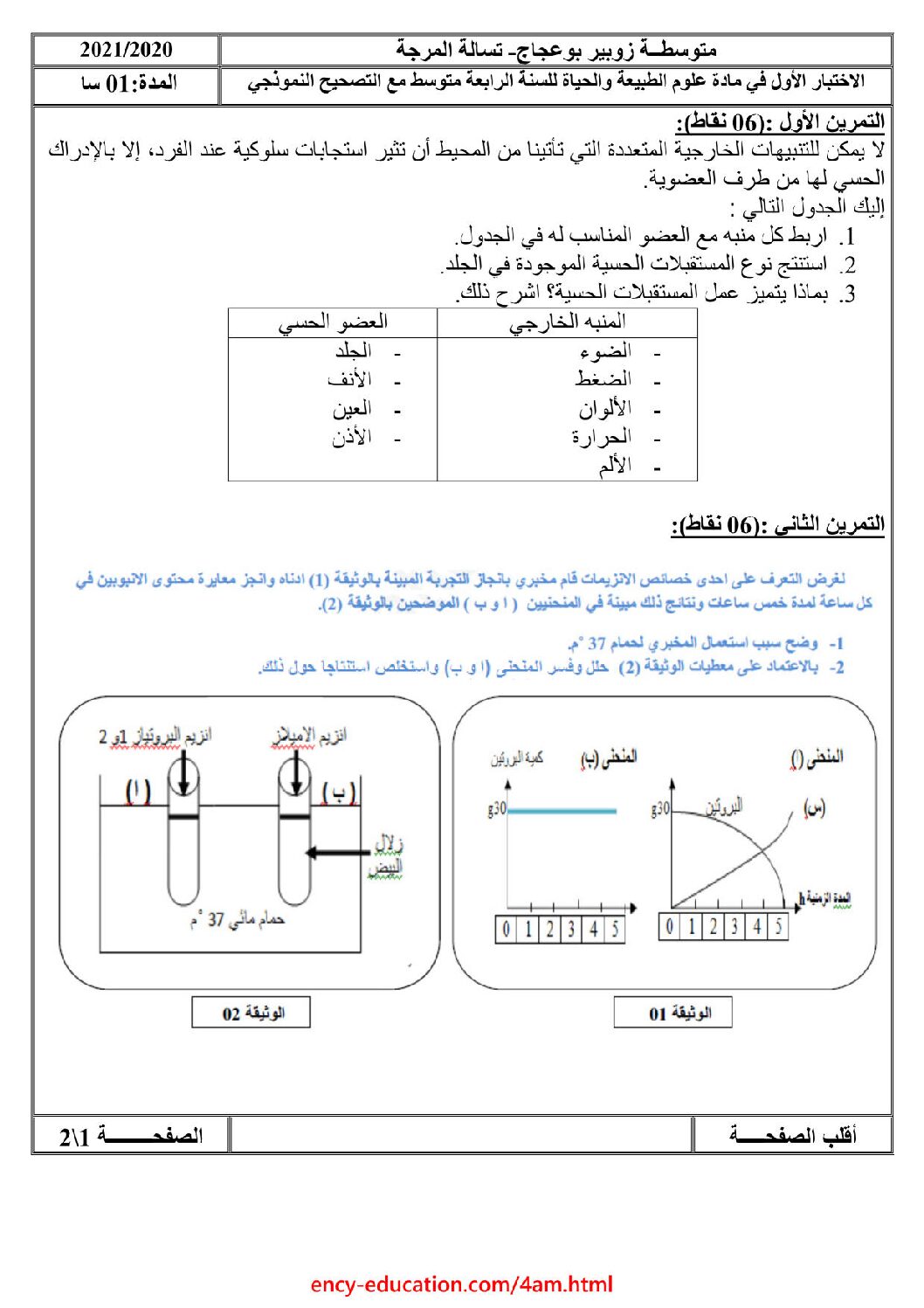 اختبار  في العلوم الطبيعية الفصل الأول السنة الرابعة متوسط رقم 49 مع التصحيح