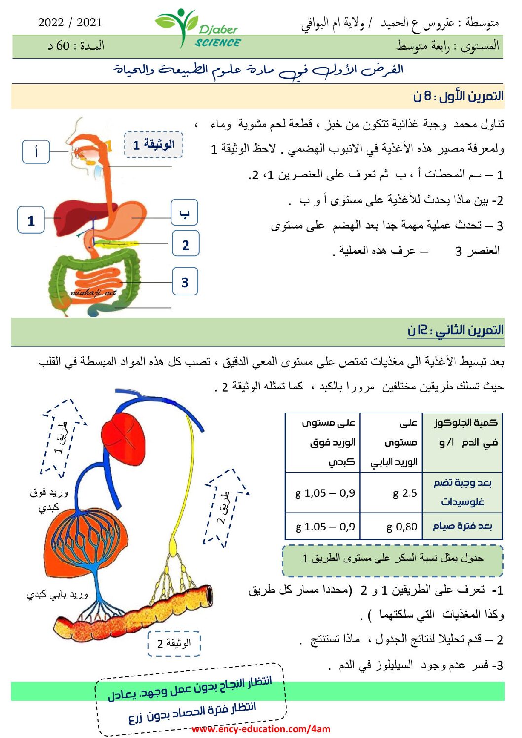 فرض في العلوم الطبيعية الفصل الأول السنة الرابعة متوسط رقم 49