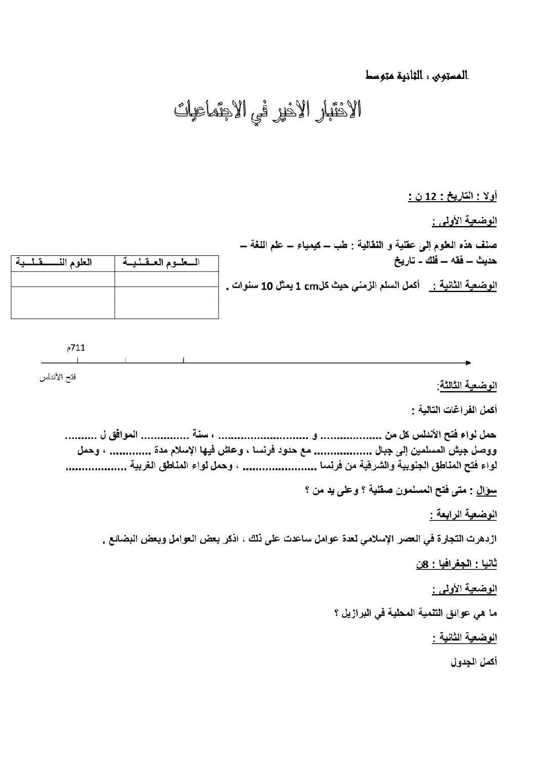اختبار في التاريخ والجغرافيا الفصل الثالث السنة الثانية متوسط رقم 5