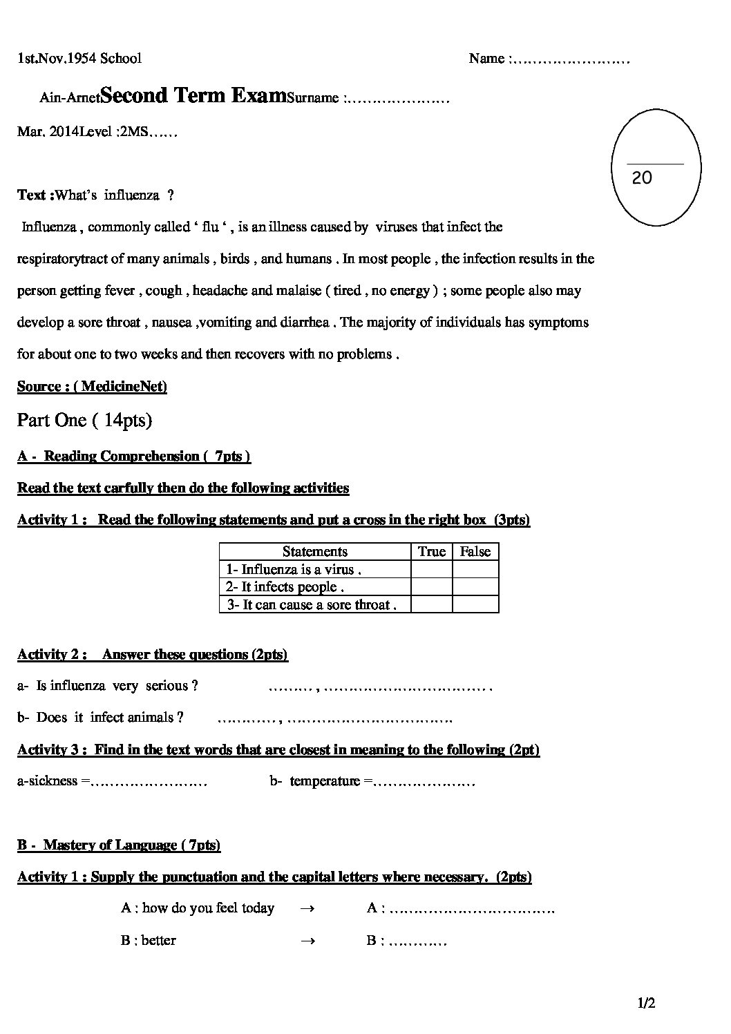 اختبار في اللغة الإنجليزية الفصل الثاني السنة الثانية متوسط رقم 5