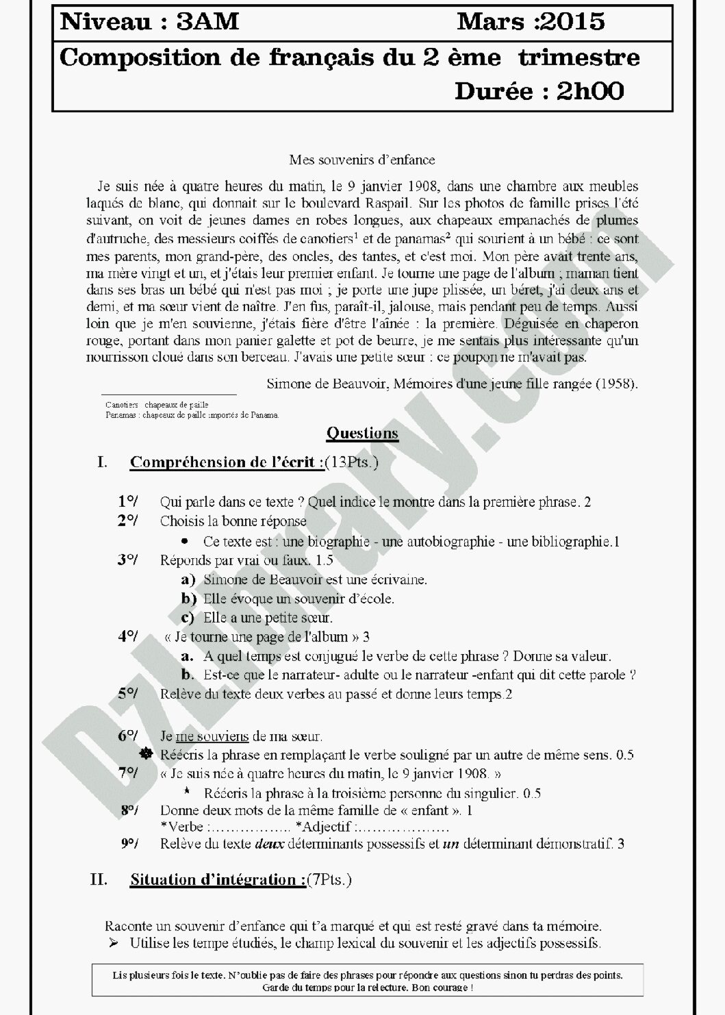 اختبار في اللغة الفرنسية الفصل الثاني السنة الثالثة متوسط رقم 5