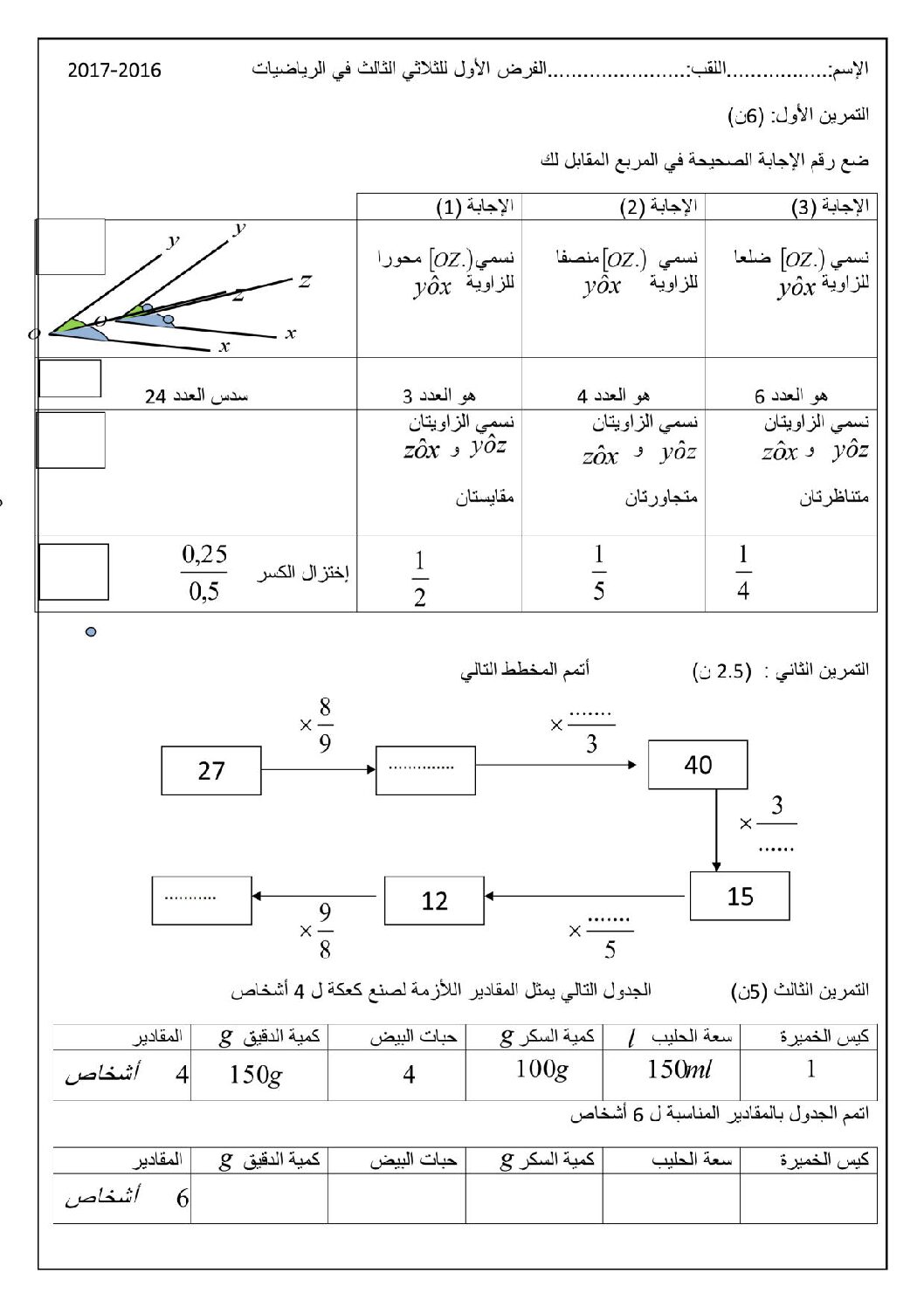 فرض في الرياضيات الفصل الثالث السنة الأولى متوسط رقم 5