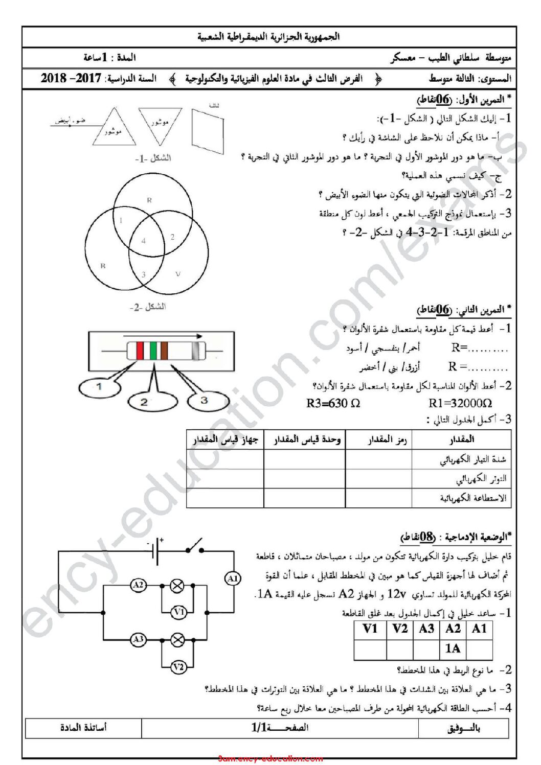 فرض في العلوم الفيزيائية الفصل الثالث السنة الثالثة متوسط رقم 5