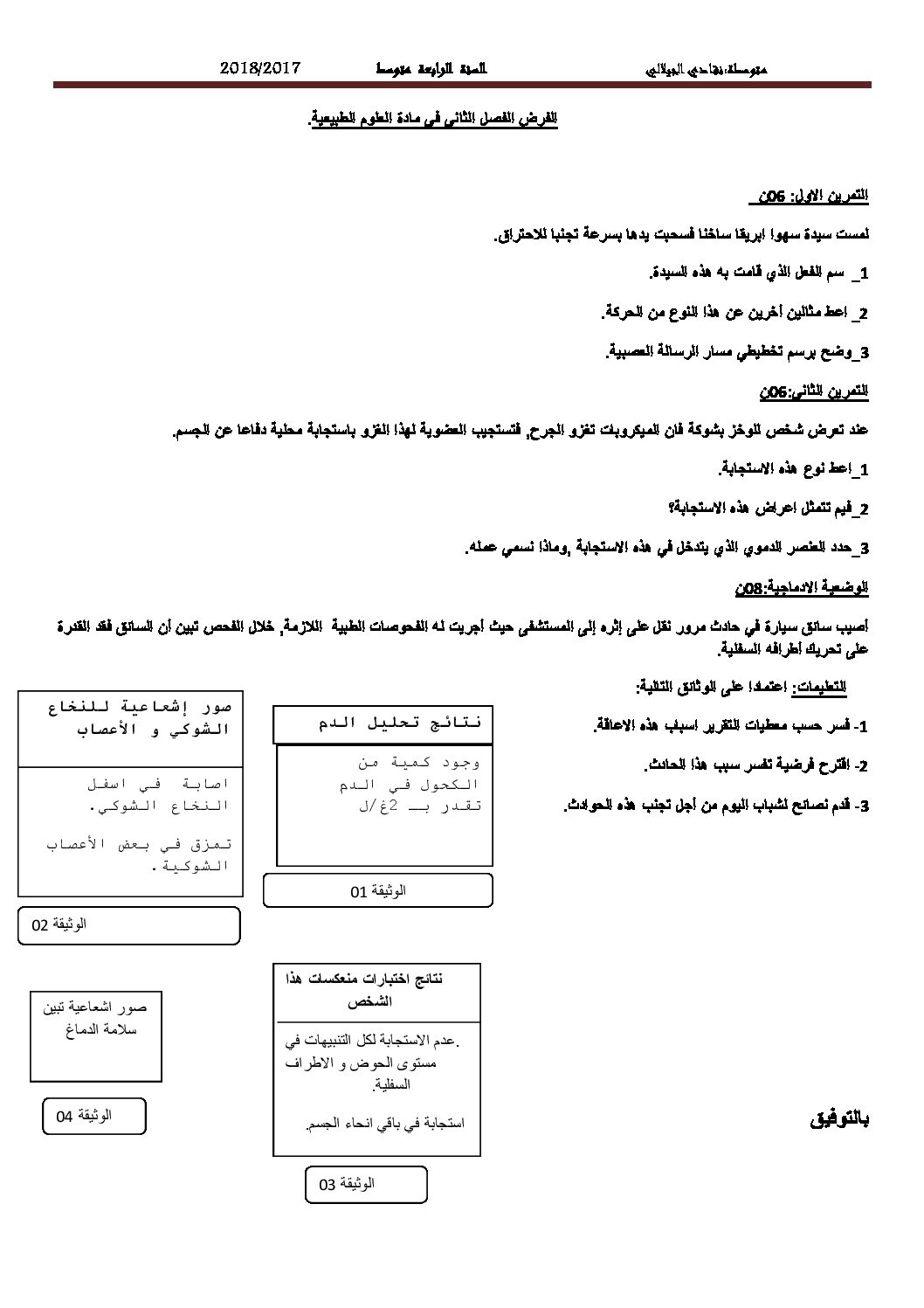 فرض في العلوم الطبيعية الفصل الثاني السنة الرابعة متوسط رقم 5