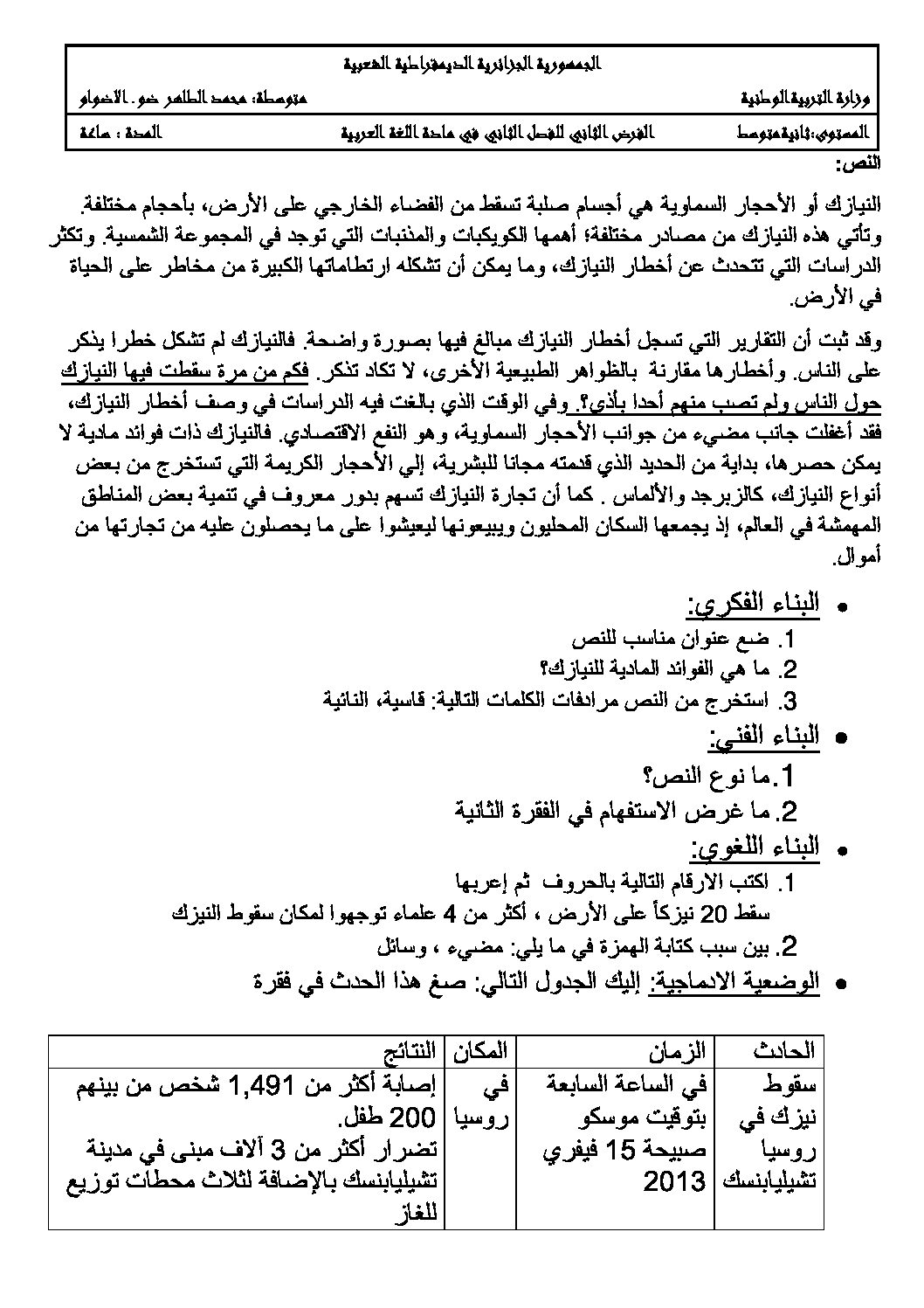 فرض في اللغة العربية الفصل الثاني السنة الثانية متوسط رقم 5