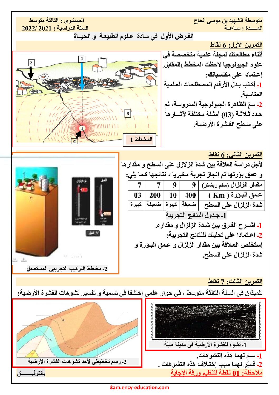 فرض في العلوم الطبيعية الفصل الأول السنة الثالثة متوسط رقم 50 مع التصحيح
