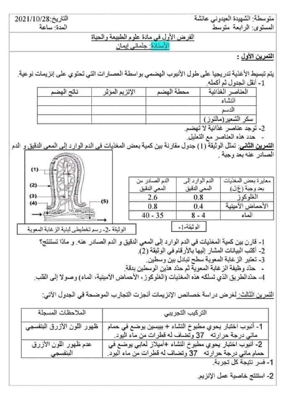 فرض في العلوم الطبيعية الفصل الأول السنة الرابعة متوسط رقم 50 مع التصحيح