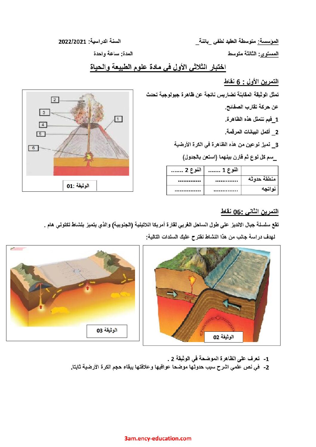 اختبار في العلوم الطبيعية الفصل الأول السنة الثالثة متوسط رقم 51