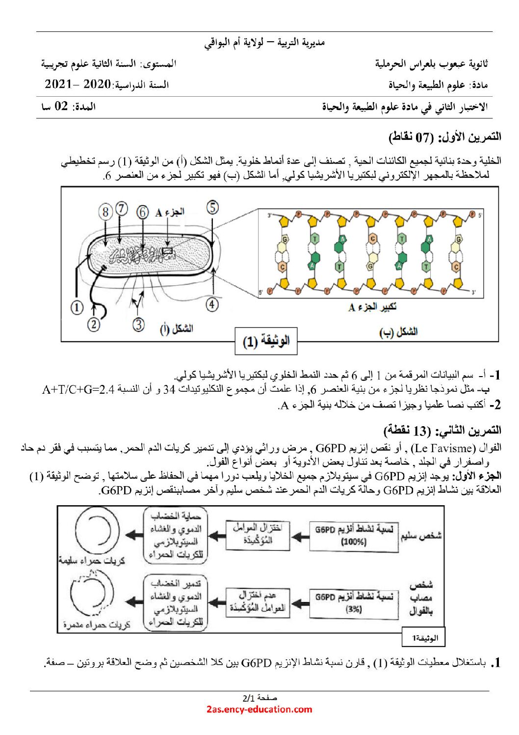 اختبار في العلوم الطبيعية الفصل الثاني السنة الثانية ثانوي علوم تجريبية رقم 51 مع التصحيح