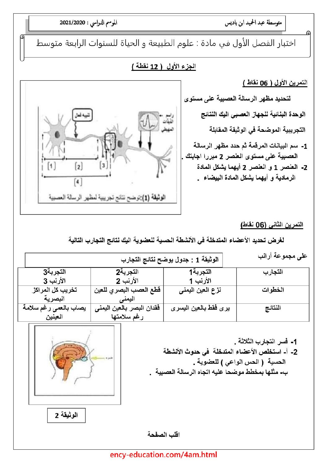 اختبار  في العلوم الطبيعية الفصل الأول السنة الرابعة متوسط رقم 52 مع التصحيح