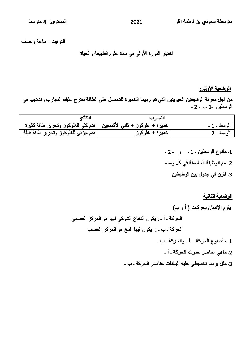 اختبار  في العلوم الطبيعية الفصل الأول السنة الرابعة متوسط رقم 53 مع التصحيح