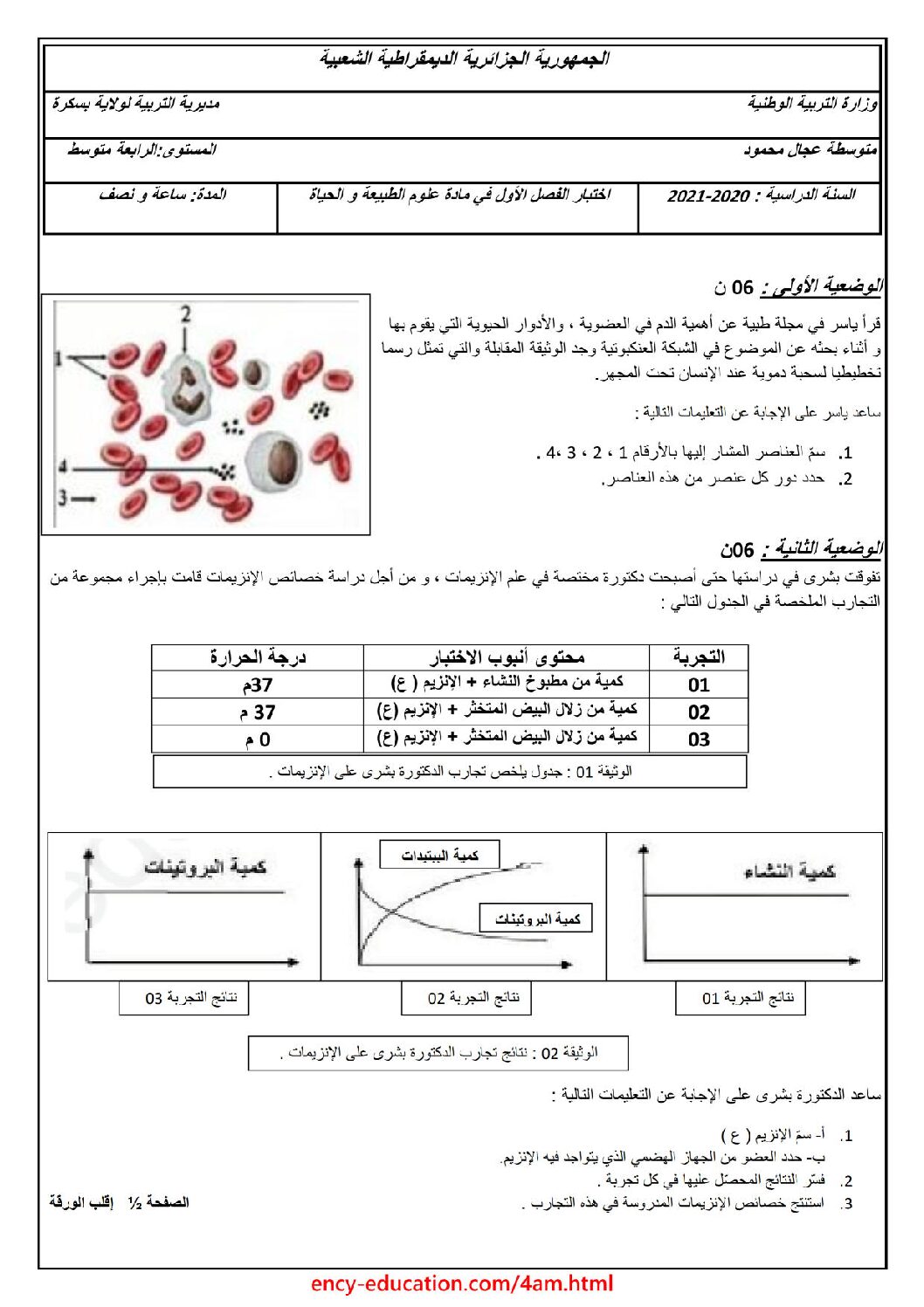 اختبار  في العلوم الطبيعية الفصل الأول السنة الرابعة متوسط رقم 54