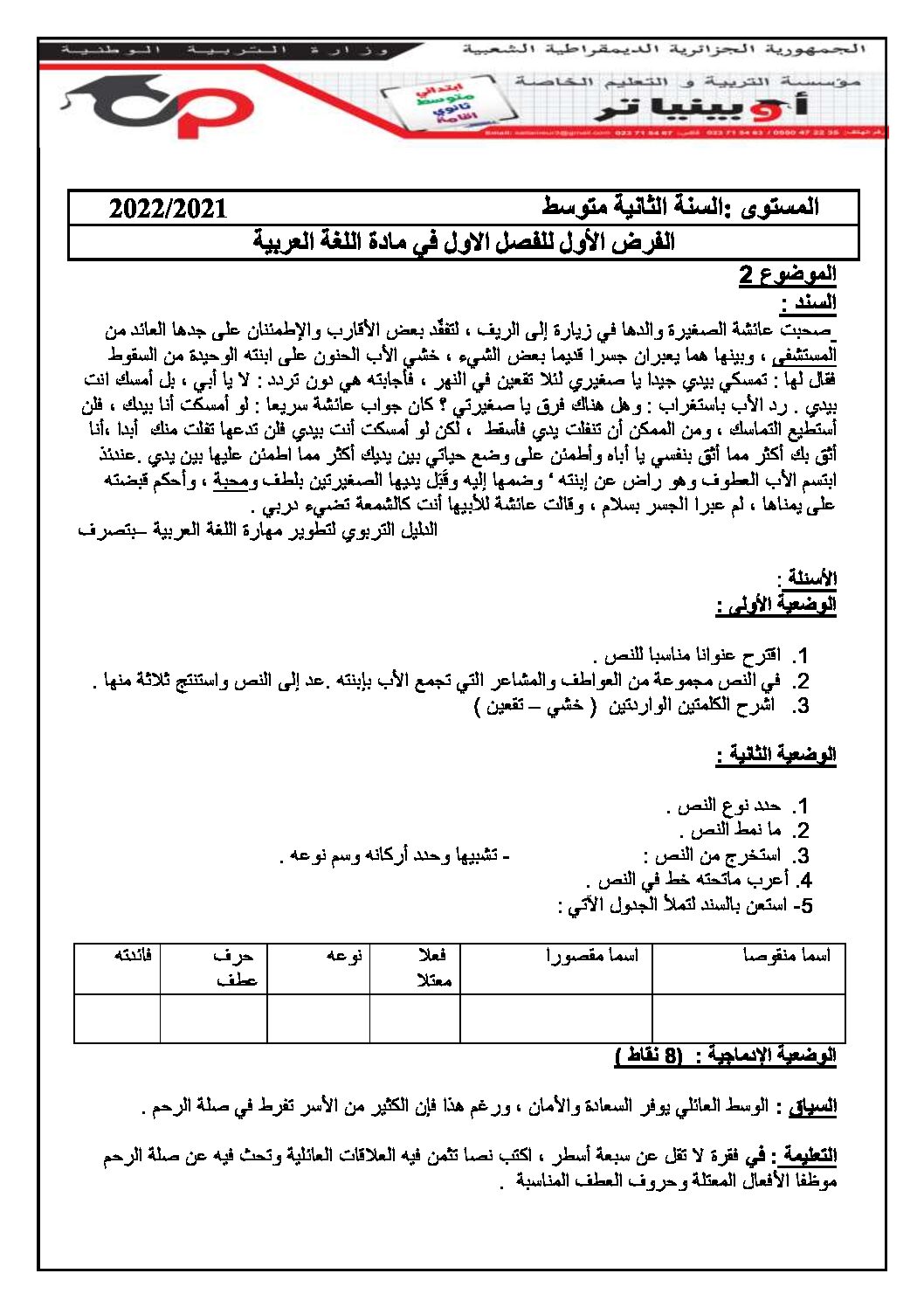 فرض في اللغة العربية الفصل الأول السنة الثانية متوسط رقم 54 مع التصحيح