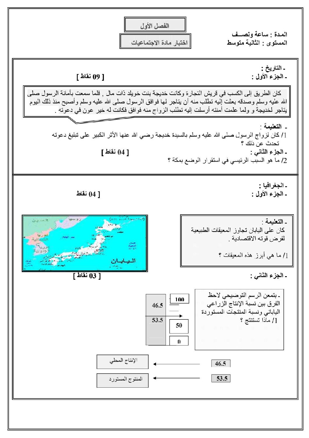 اختبار في التاريخ والجغرافيا الفصل الأول السنة الثانية متوسط رقم 6