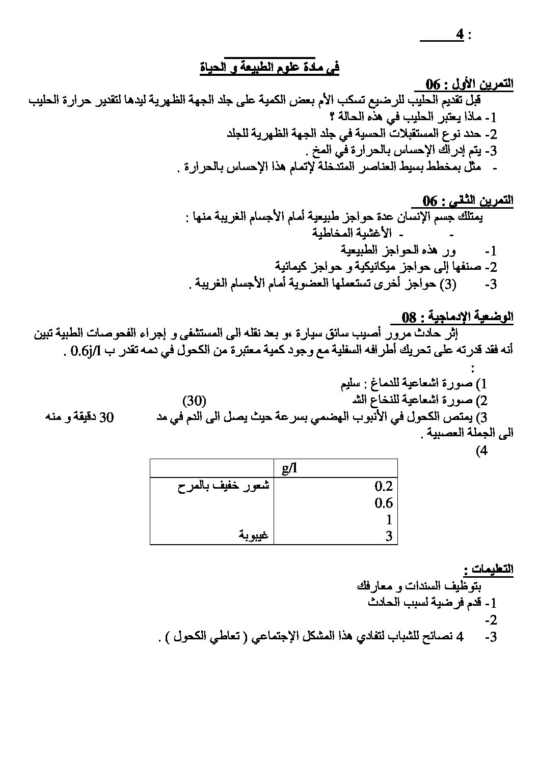اختبار في العلوم الطبيعية الفصل الثاني السنة الرابعة متوسط رقم 6