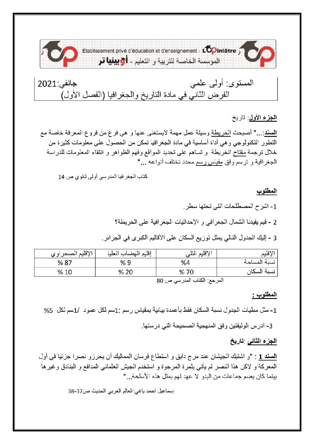 فرض في التاريخ والجغرافيا الفصل الأول السنة الأولى ثانوي ج م ع رقم 6 مع التصحيح