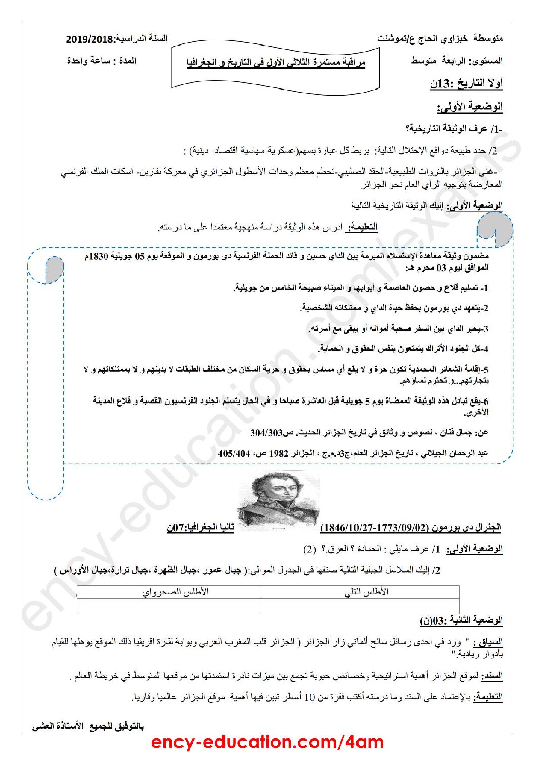 فرض في التاريخ والجغرافيا الفصل الأول السنة الرابعة متوسط رقم 6