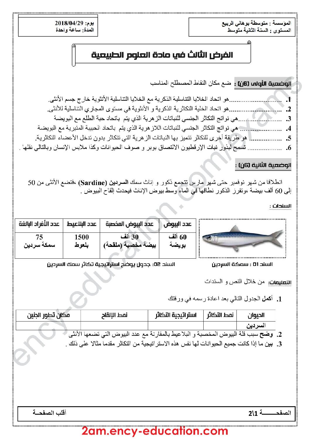 فرض في العلوم الطبيعية الفصل الثالث السنة الثانية متوسط رقم 6 مع التصحيح