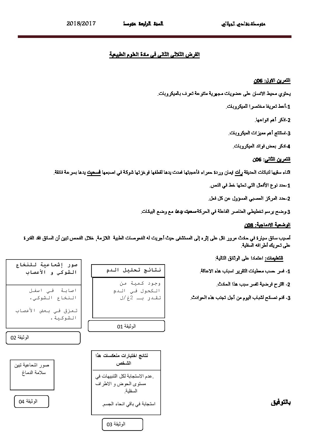 فرض في العلوم الطبيعية الفصل الثاني السنة الرابعة متوسط رقم 6